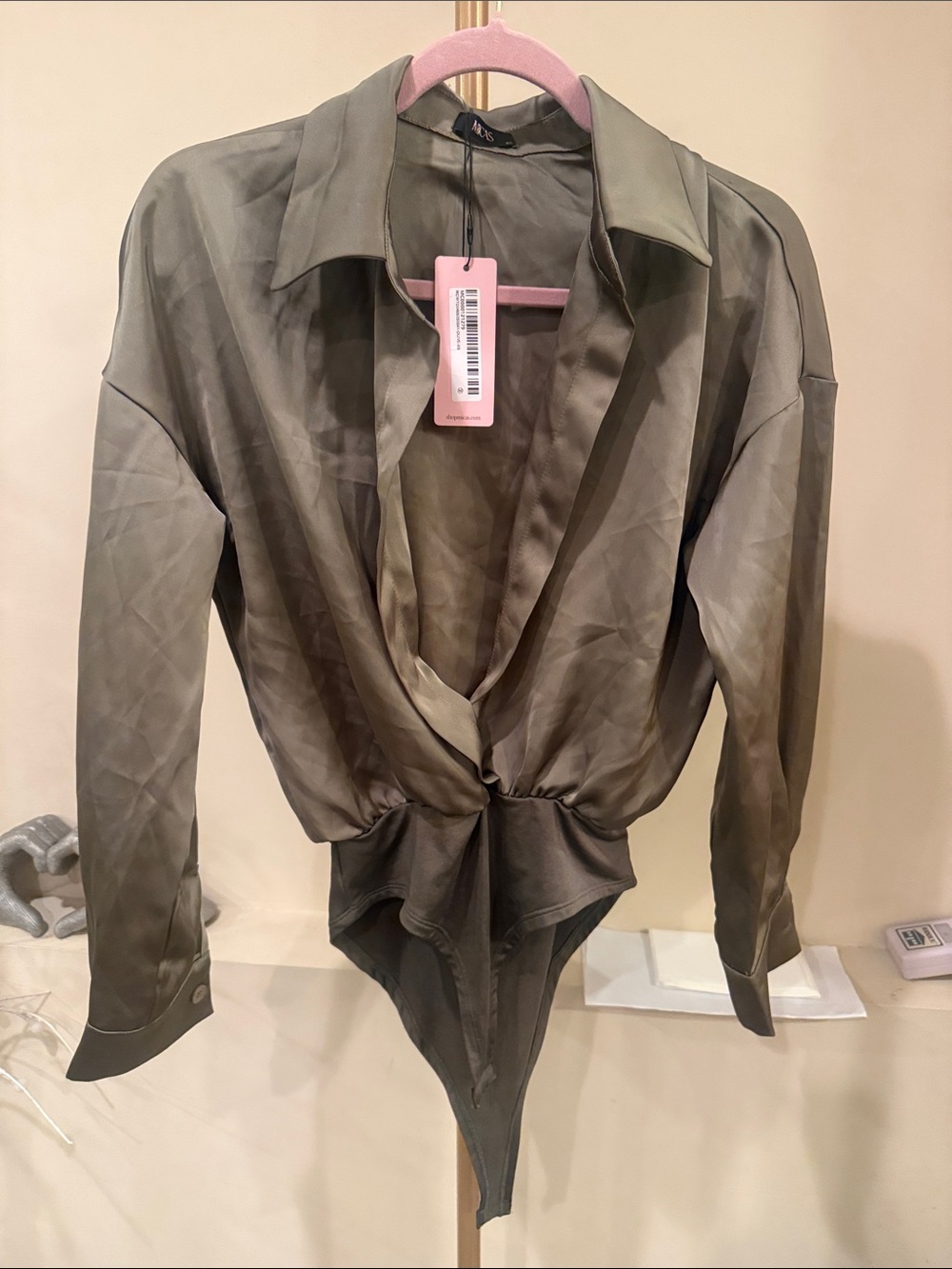 Silky Olive Green Long-Sleeve Bodysuit Top